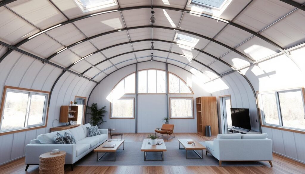 Quonset hut home renovation with skylights