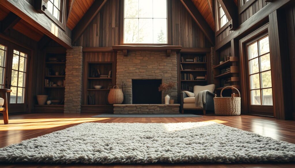 A-frame home interior with mixed textures and materials